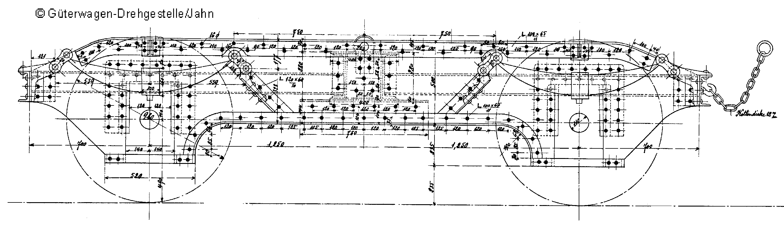 Blech und Winkel-Drehgestell, elsäss.-lothring., ab 1894, Achsstand 2 500 mm, Seitenansicht; Grafik: Hermann Jahn